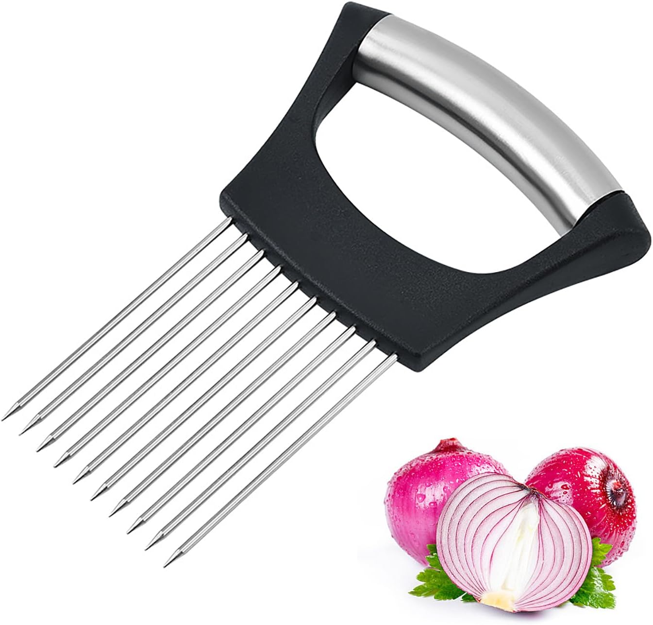 Stainless Steel Onion Holder & Slicer, Food-Grade Kitchen Hand Tool, 14.2 cm