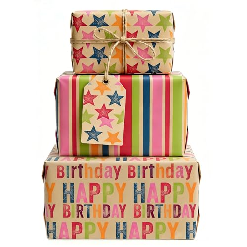Birthday Wrapping Paper Set of 6 – Recycled Kraft Gift Wrap with Tags & String