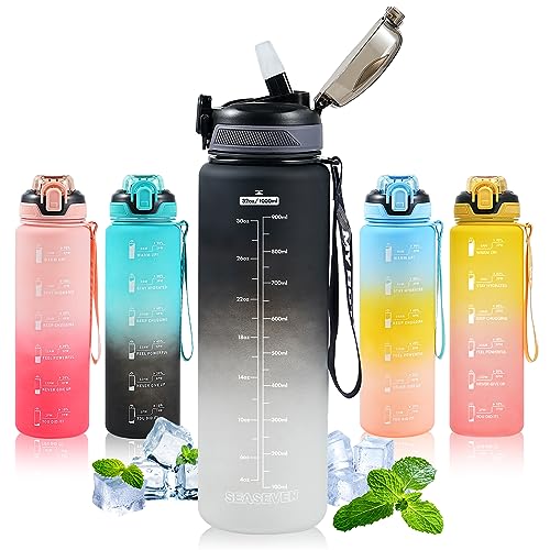 Portable 1L Drinking Bottle – Reusable Sports Water Bottle with Time Markings & Straw Lid