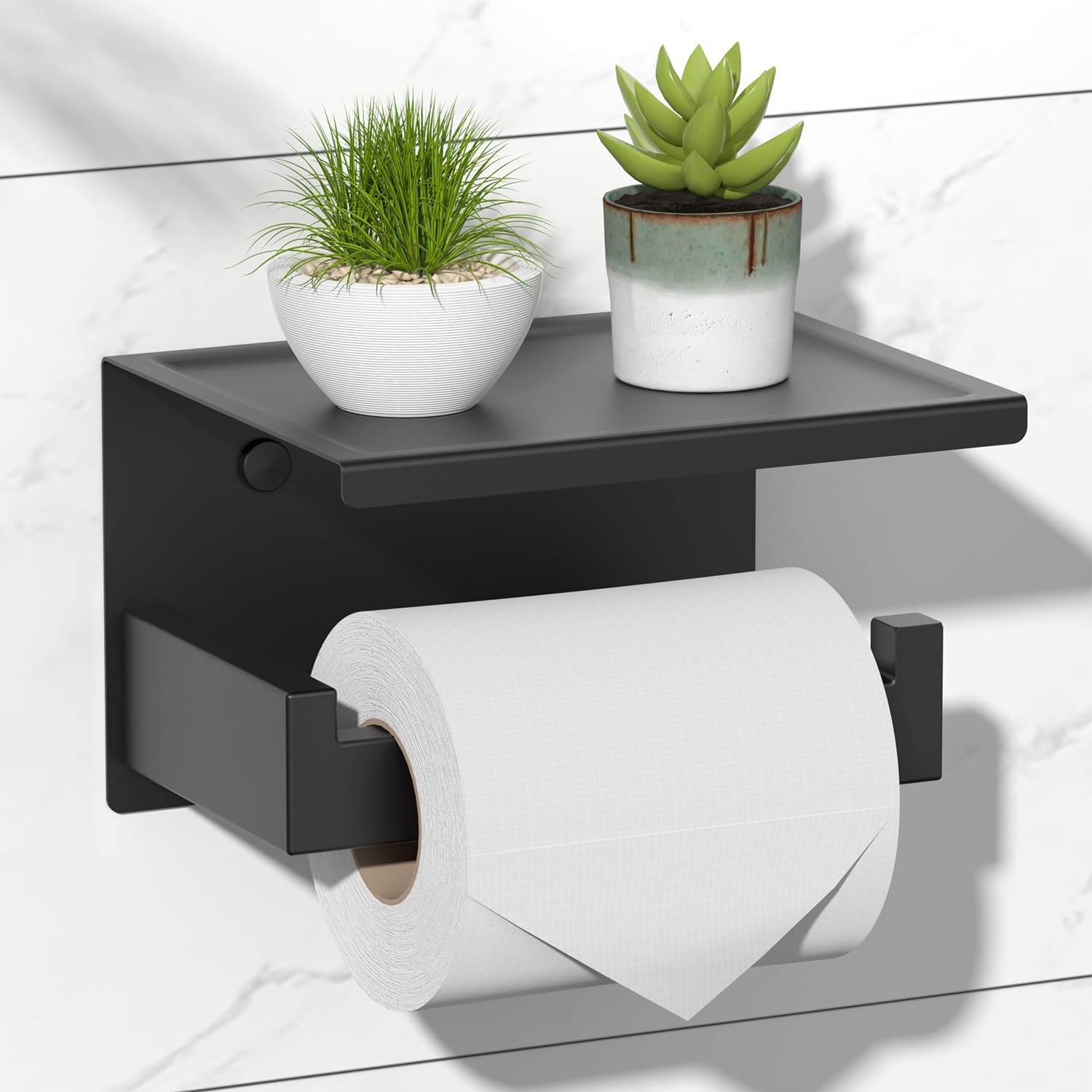 Toilet Paper Holder with Storage Shelf – Self Adhesive or Wall Mounted Matte Black Design