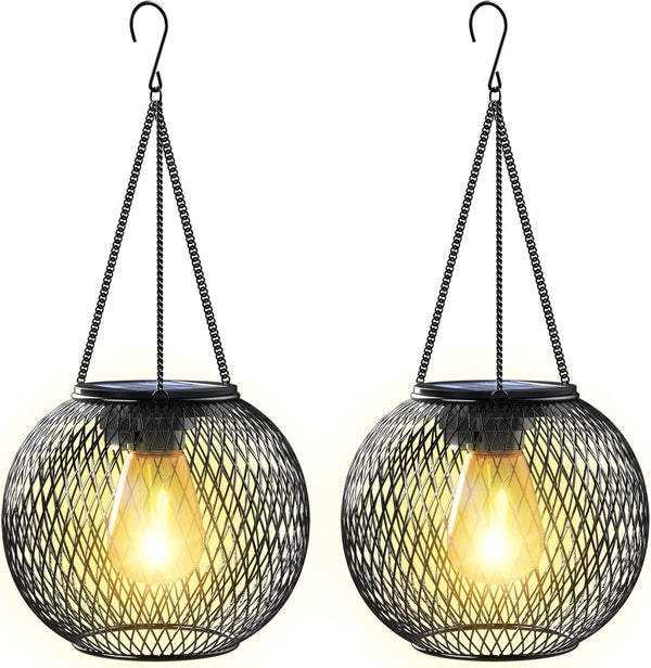 Solar Lantern Outdoor Garden Lights, Warm White Hanging Metal Lanterns, Waterproof, 2-Pack