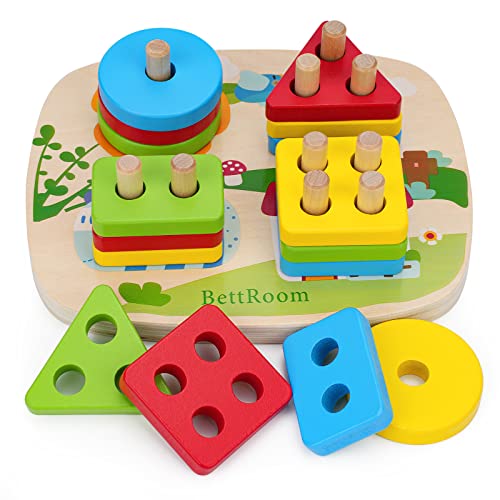 Montessori Wooden Stacking Shape Sorter – Toddler Learning Toy for 1–3 Year Olds