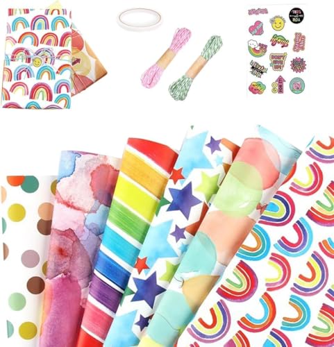Rainbow Party Wrapping Paper Pack of 6 – Gift Wrap Set with Ropes, Sticker & Double-Sided Tape