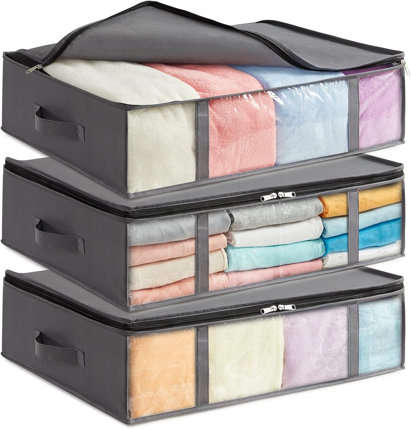 Under Bed Storage Containers, Foldable Clothing Storage Bags with Clear Window, 40L, Grey, 3-Pack