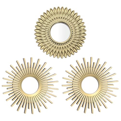 Set of 3 Decorative Wall-Mounted Mirrors – Sunflower & Sunburst Design (Vintage Gold/Champagne Finish)
