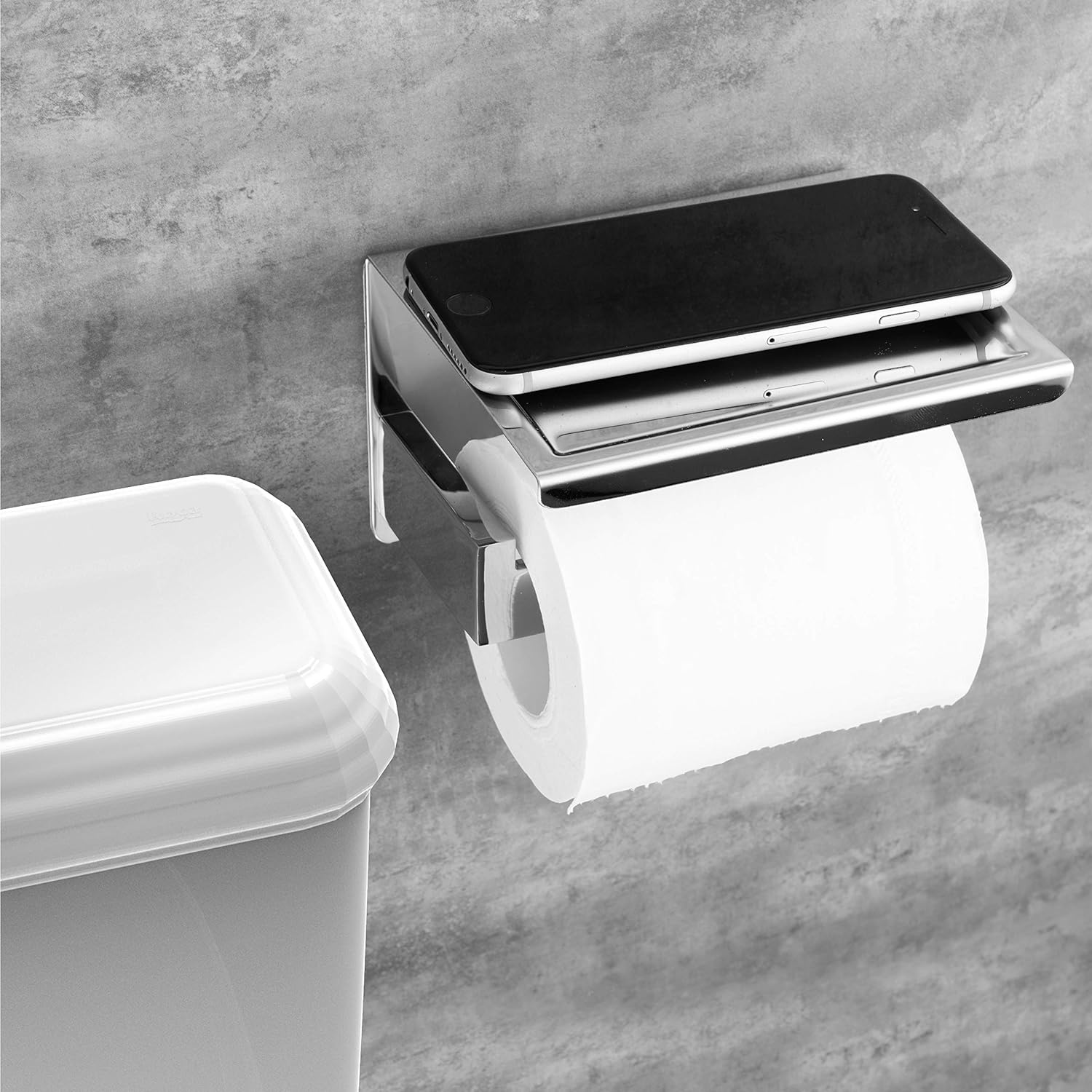 Toilet Paper Holder with Storage Shelf – Self Adhesive or Wall Mounted Matte Black Design
