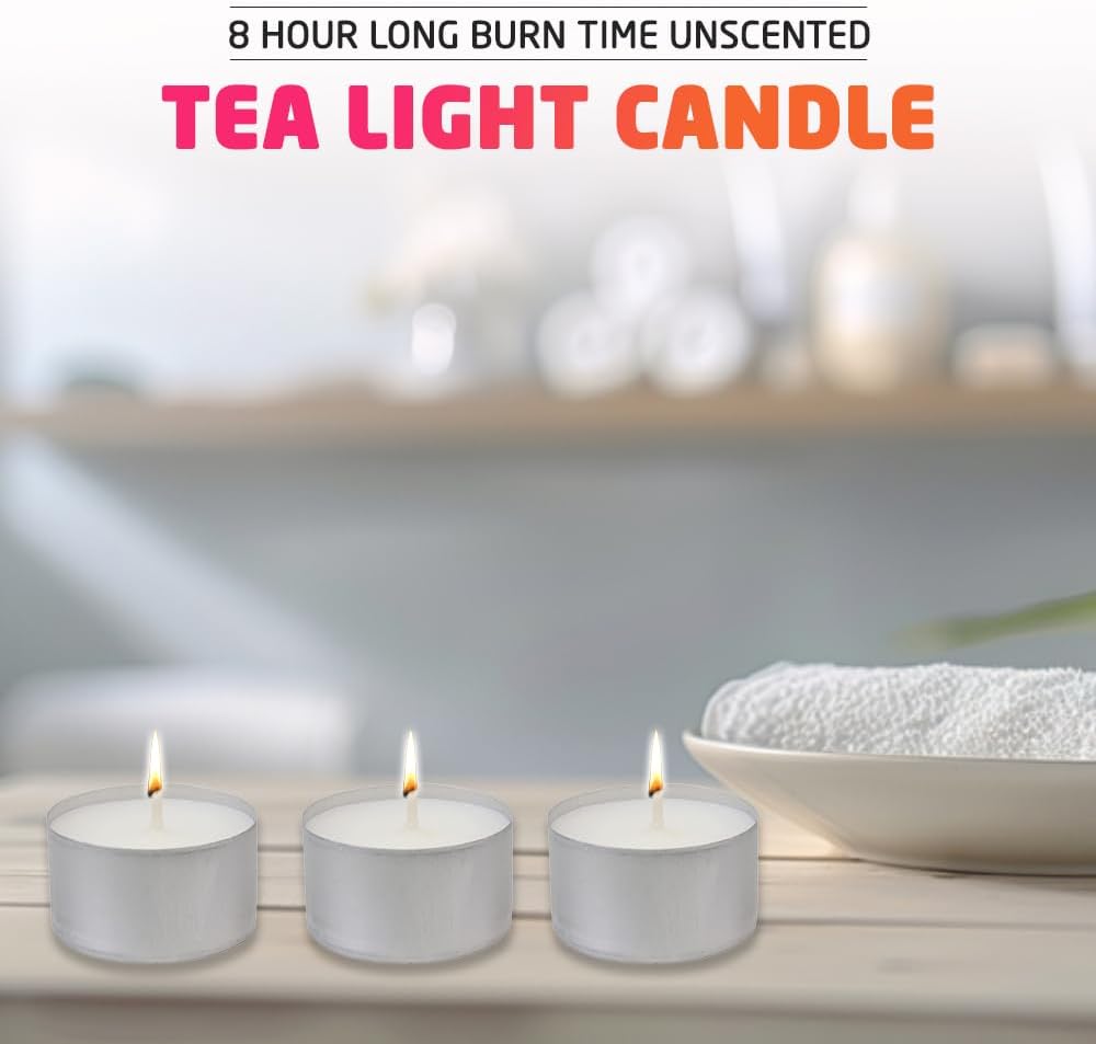 8 Hour Long Burn Unscented Tea Light Candles – Clean Cotton Wick | Pack of 10