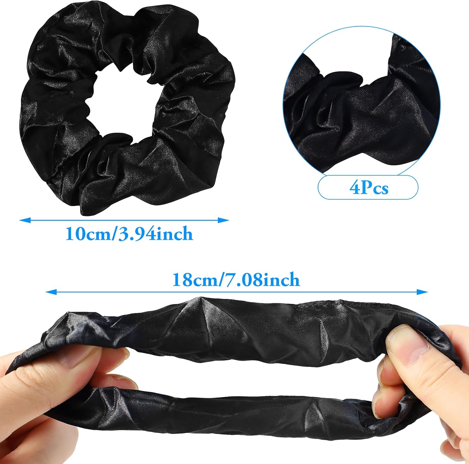 Black Satin Silk Stretch Scrunchies, Soft Elastic Hair Bands, 4-Piece Set
