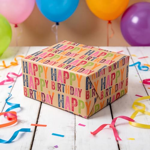 Birthday Wrapping Paper Set of 6 – Recycled Kraft Gift Wrap with Tags & String
