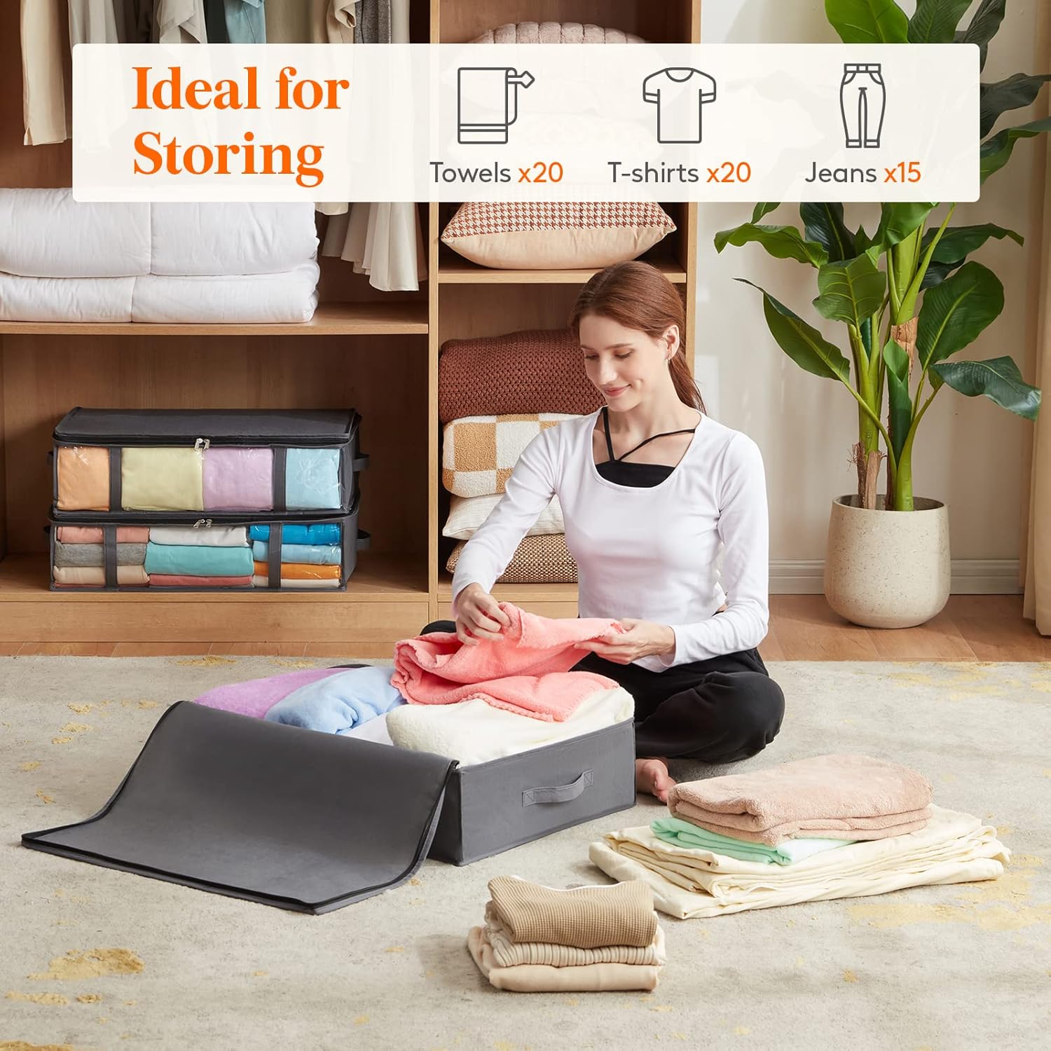 Under Bed Storage Containers, Foldable Clothing Storage Bags with Clear Window, 40L, Grey, 3-Pack