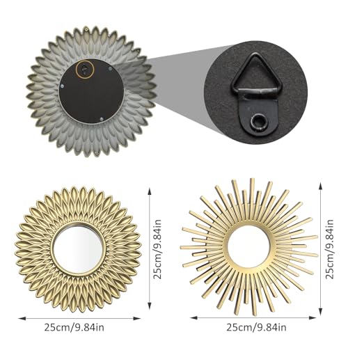 Set of 3 Decorative Wall-Mounted Mirrors – Sunflower & Sunburst Design (Vintage Gold/Champagne Finish)