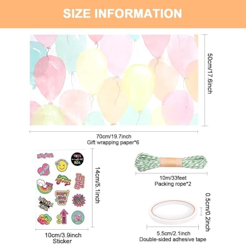 Rainbow Party Wrapping Paper Pack of 6 – Gift Wrap Set with Ropes, Sticker & Double-Sided Tape