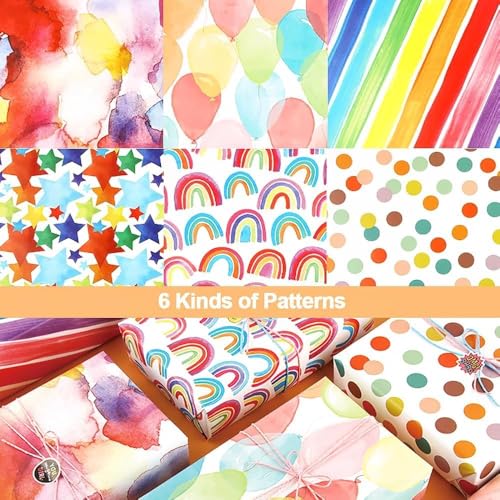 Rainbow Party Wrapping Paper Pack of 6 – Gift Wrap Set with Ropes, Sticker & Double-Sided Tape