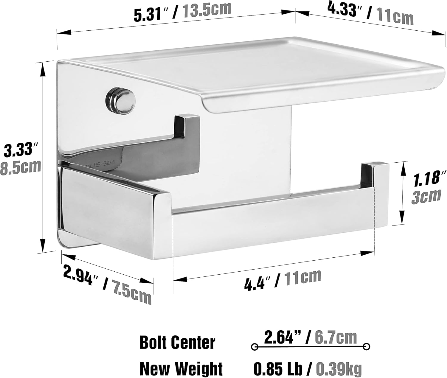 Toilet Paper Holder with Storage Shelf – Self Adhesive or Wall Mounted Matte Black Design