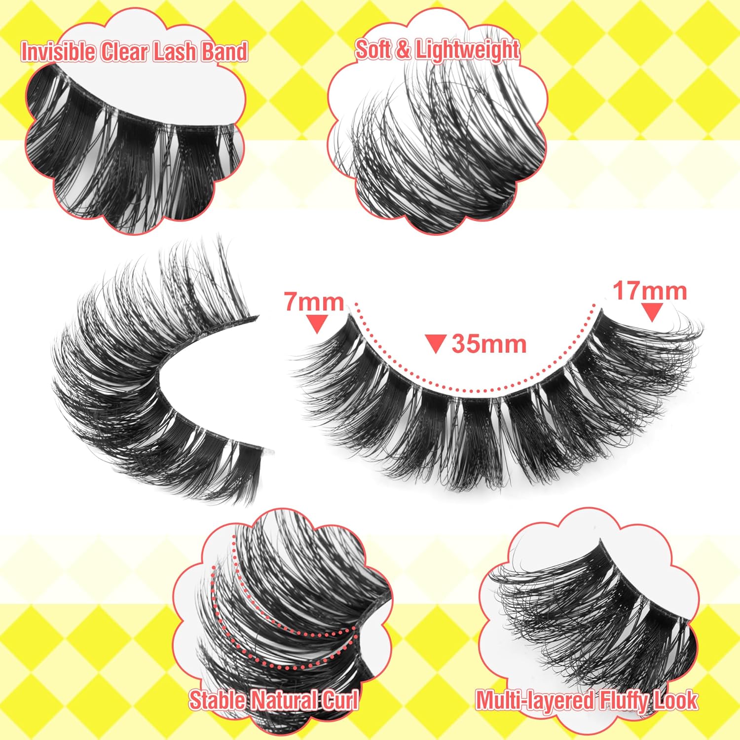 Cat Eye False Eyelashes D Curl Russian Strip Lashes, Fluffy Faux Mink Lashes, 17mm, 8 Pairs