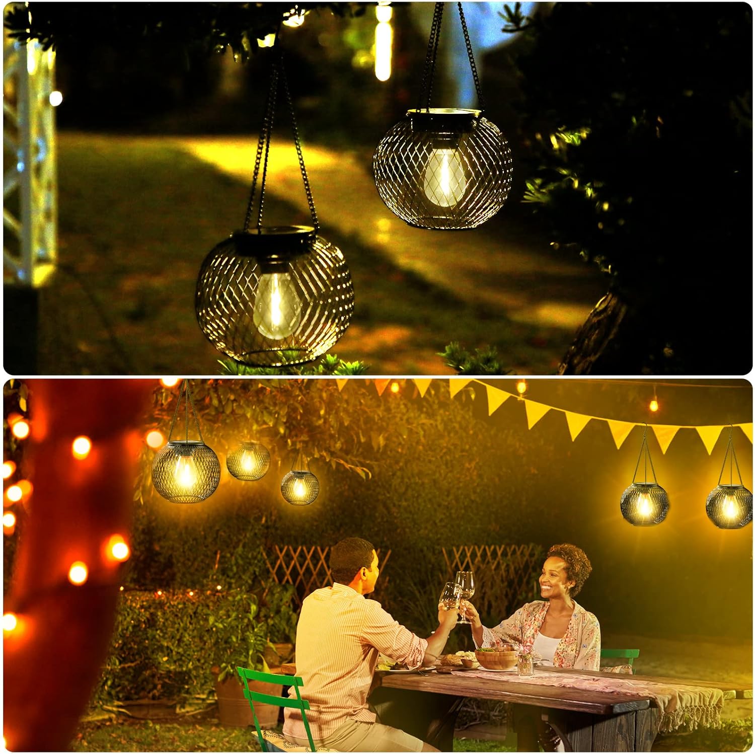 Solar Lantern Outdoor Garden Lights, Warm White Hanging Metal Lanterns, Waterproof, 2-Pack