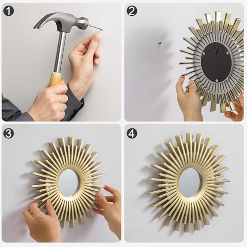 Set of 3 Decorative Wall-Mounted Mirrors – Sunflower & Sunburst Design (Vintage Gold/Champagne Finish)