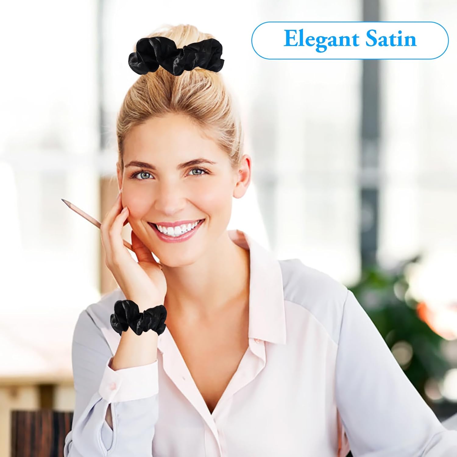Black Satin Silk Stretch Scrunchies, Soft Elastic Hair Bands, 4-Piece Set
