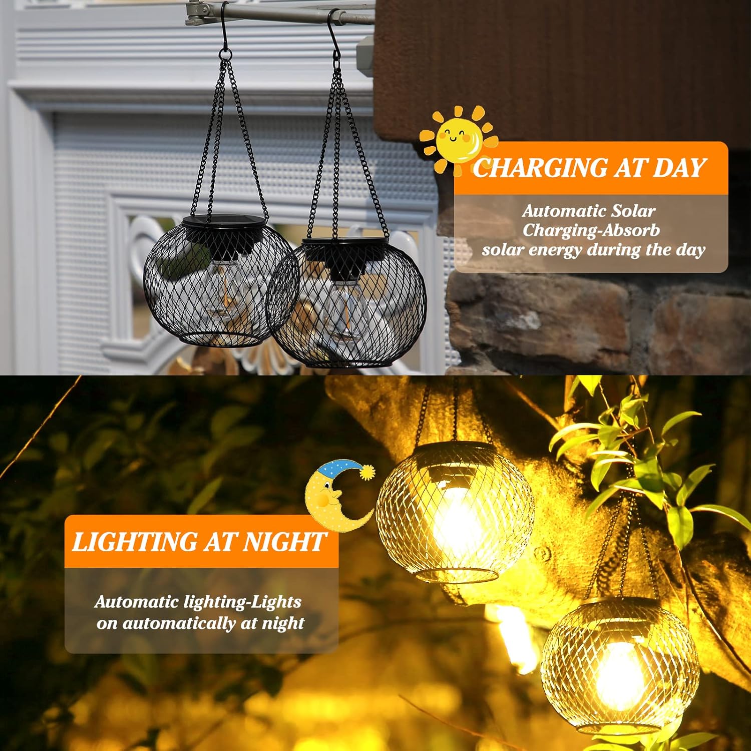 Solar Lantern Outdoor Garden Lights, Warm White Hanging Metal Lanterns, Waterproof, 2-Pack
