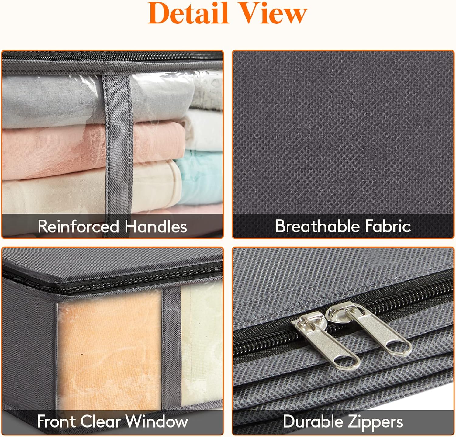 Under Bed Storage Containers, Foldable Clothing Storage Bags with Clear Window, 40L, Grey, 3-Pack