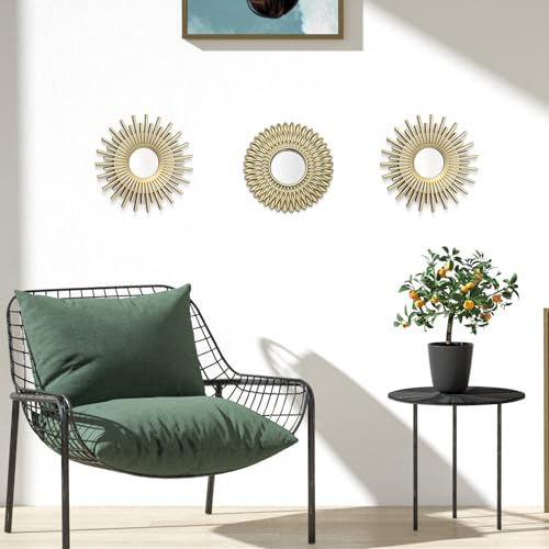 Set of 3 Decorative Wall-Mounted Mirrors – Sunflower & Sunburst Design (Vintage Gold/Champagne Finish)