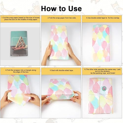 Rainbow Party Wrapping Paper Pack of 6 – Gift Wrap Set with Ropes, Sticker & Double-Sided Tape