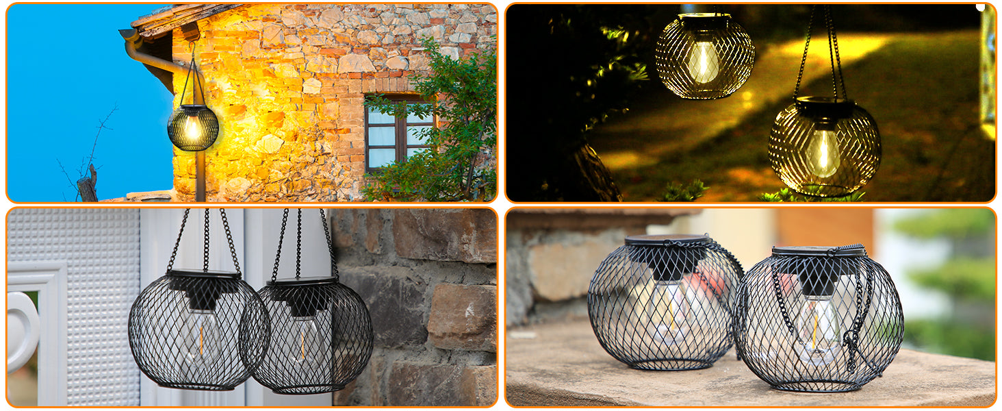 Solar Lantern Outdoor Garden Lights, Warm White Hanging Metal Lanterns, Waterproof, 2-Pack