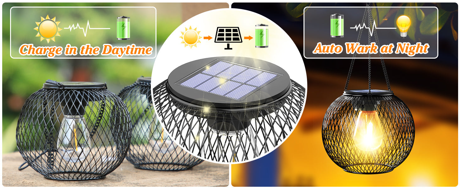 Solar Lantern Outdoor Garden Lights, Warm White Hanging Metal Lanterns, Waterproof, 2-Pack