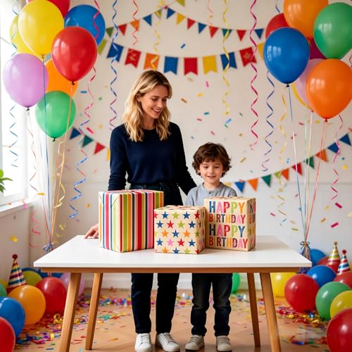 Birthday Wrapping Paper Set of 6 – Recycled Kraft Gift Wrap with Tags & String