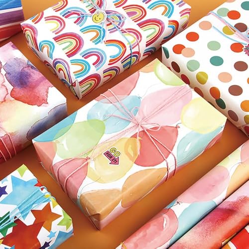 Rainbow Party Wrapping Paper Pack of 6 – Gift Wrap Set with Ropes, Sticker & Double-Sided Tape