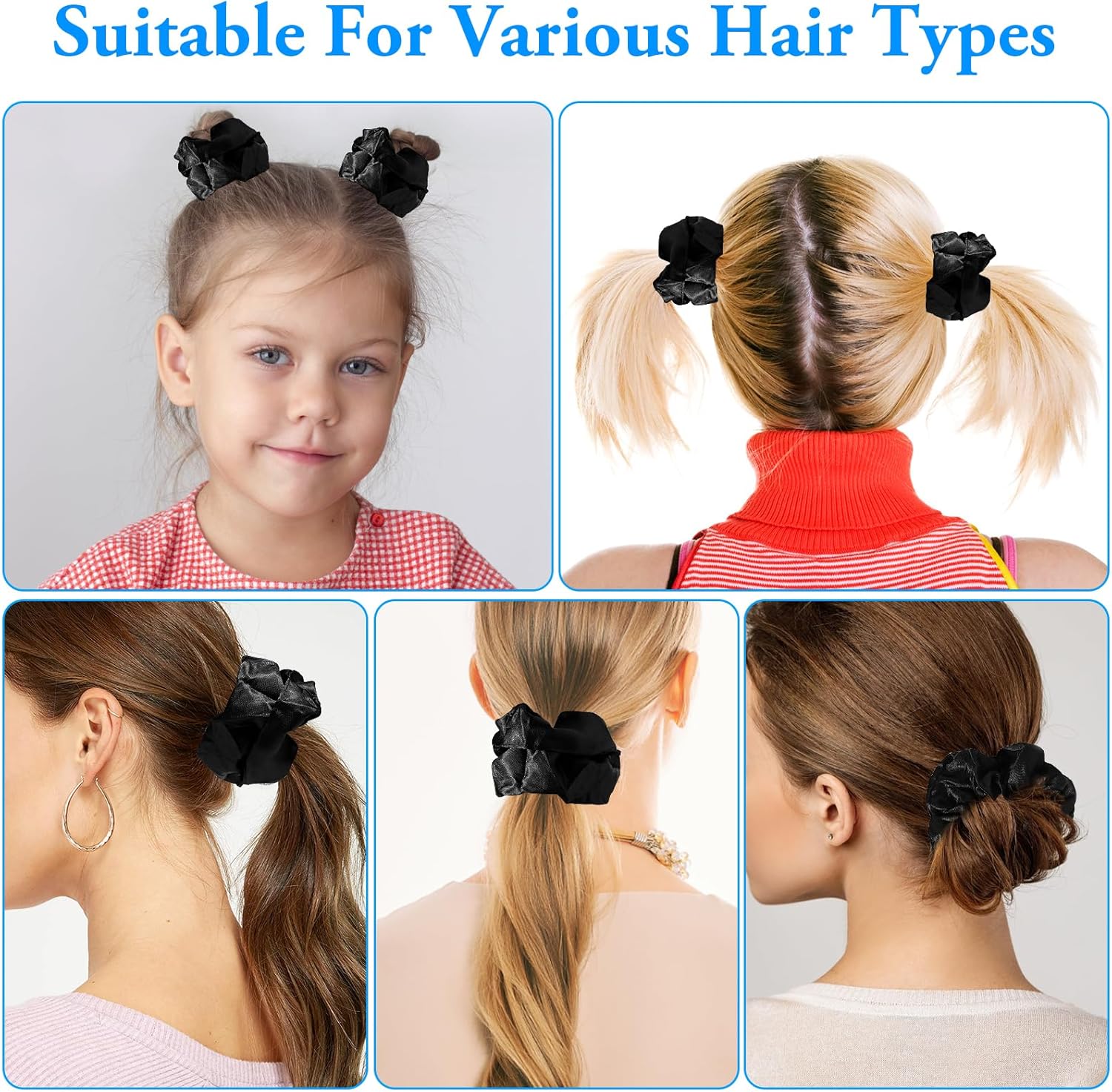 Black Satin Silk Stretch Scrunchies, Soft Elastic Hair Bands, 4-Piece Set