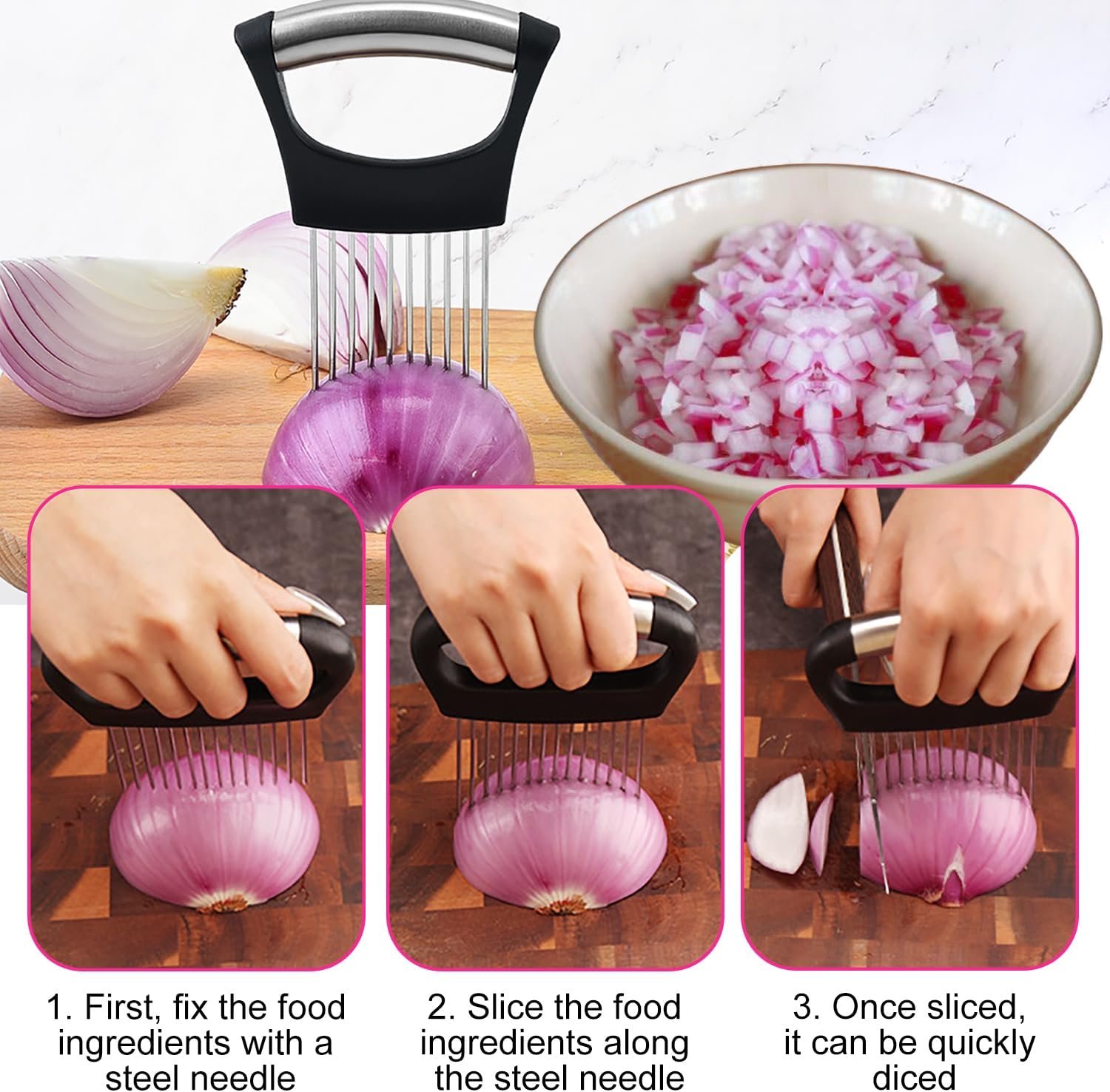 Stainless Steel Onion Holder & Slicer, Food-Grade Kitchen Hand Tool, 14.2 cm