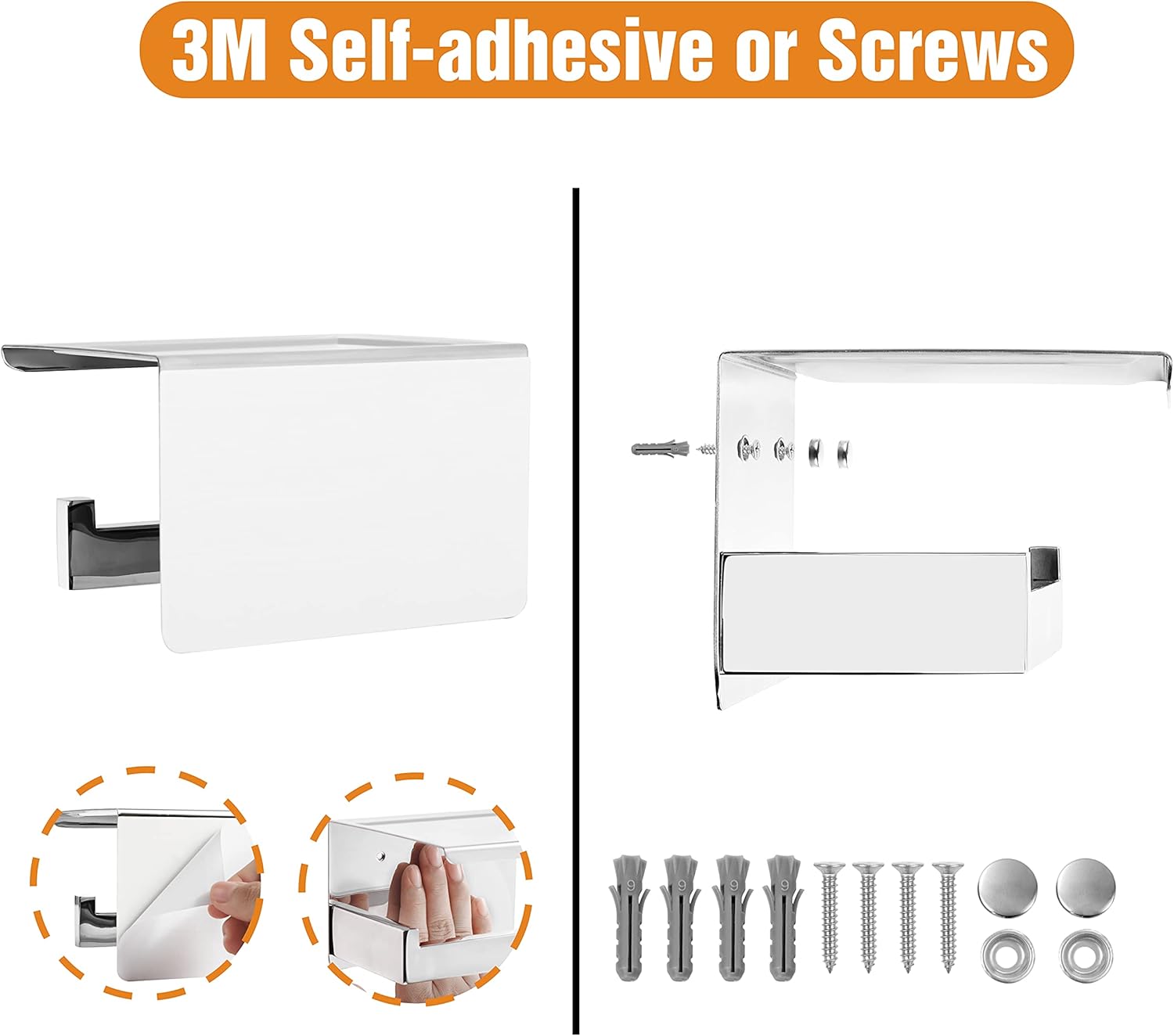Toilet Paper Holder with Storage Shelf – Self Adhesive or Wall Mounted Matte Black Design
