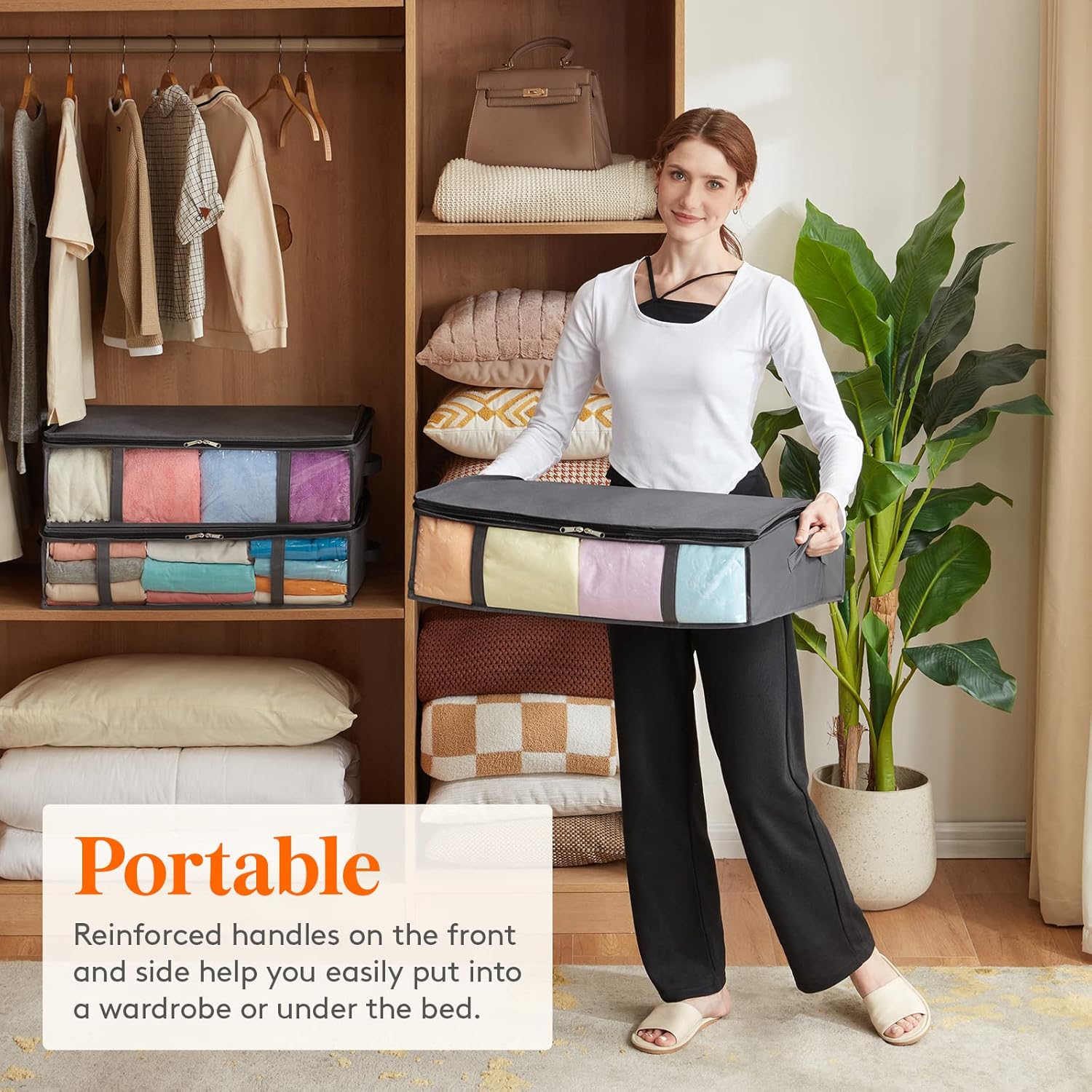 Under Bed Storage Containers, Foldable Clothing Storage Bags with Clear Window, 40L, Grey, 3-Pack