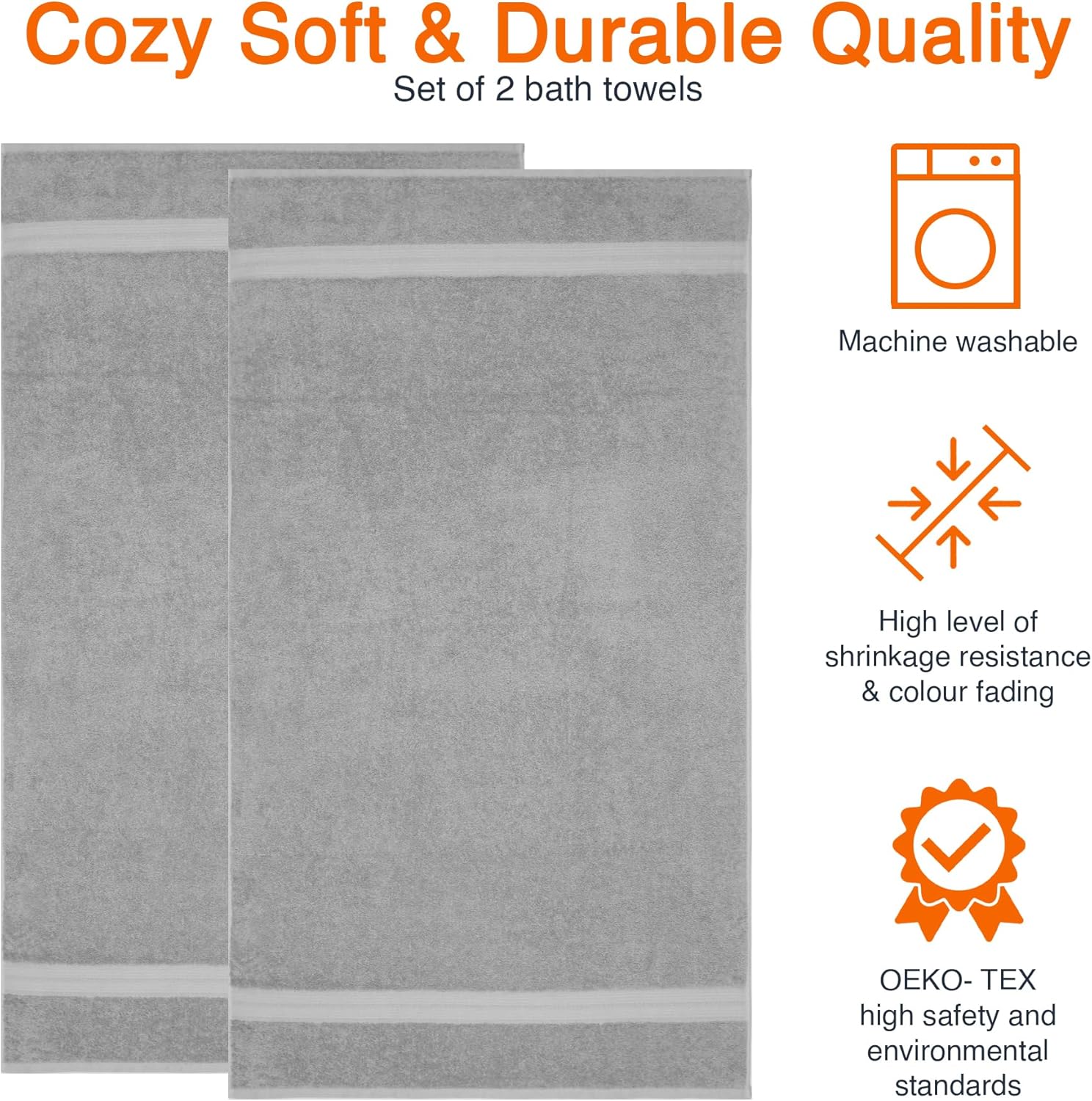 Grey Cotton Bath Towels Pack of 2 – Ultra Soft & Quick Absorbent Bathroom Essentials