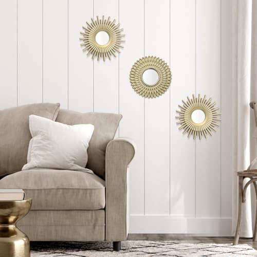 Set of 3 Decorative Wall-Mounted Mirrors – Sunflower & Sunburst Design (Vintage Gold/Champagne Finish)