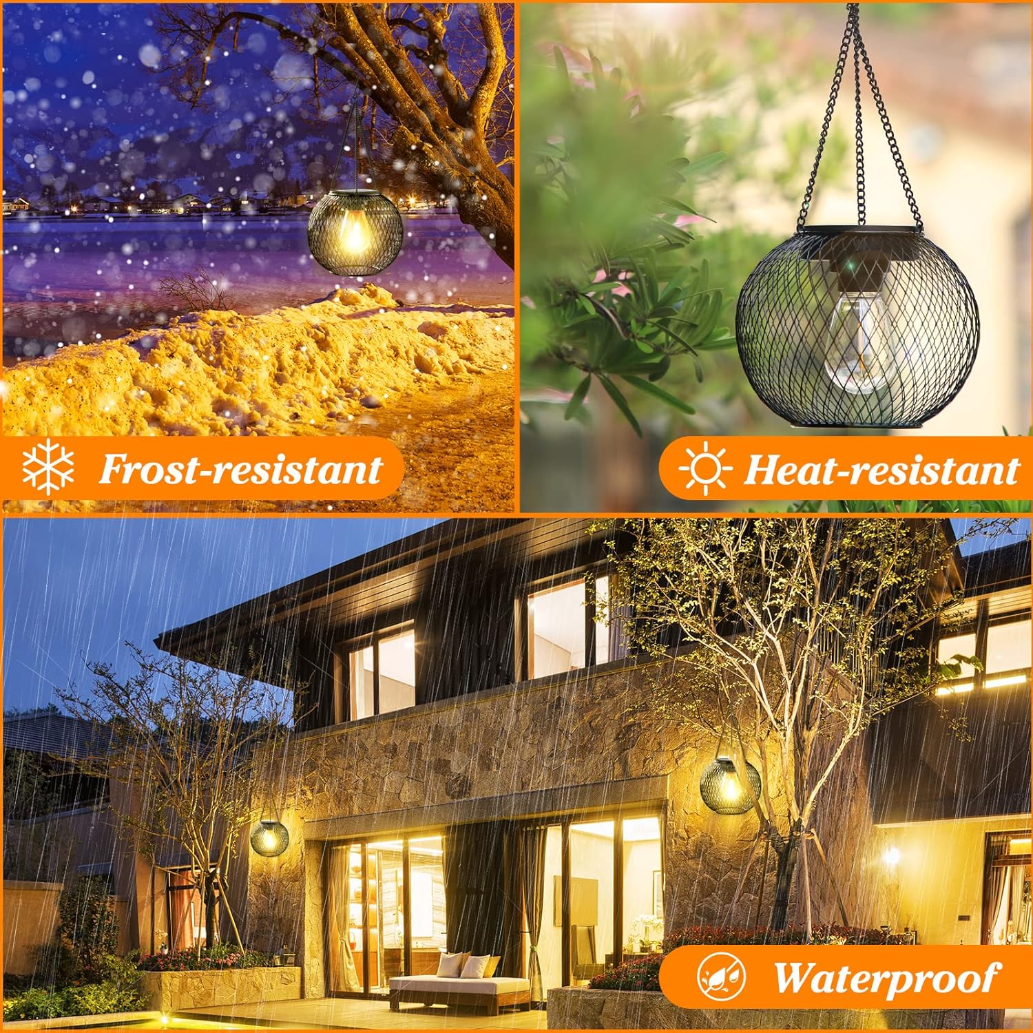 Solar Lantern Outdoor Garden Lights, Warm White Hanging Metal Lanterns, Waterproof, 2-Pack