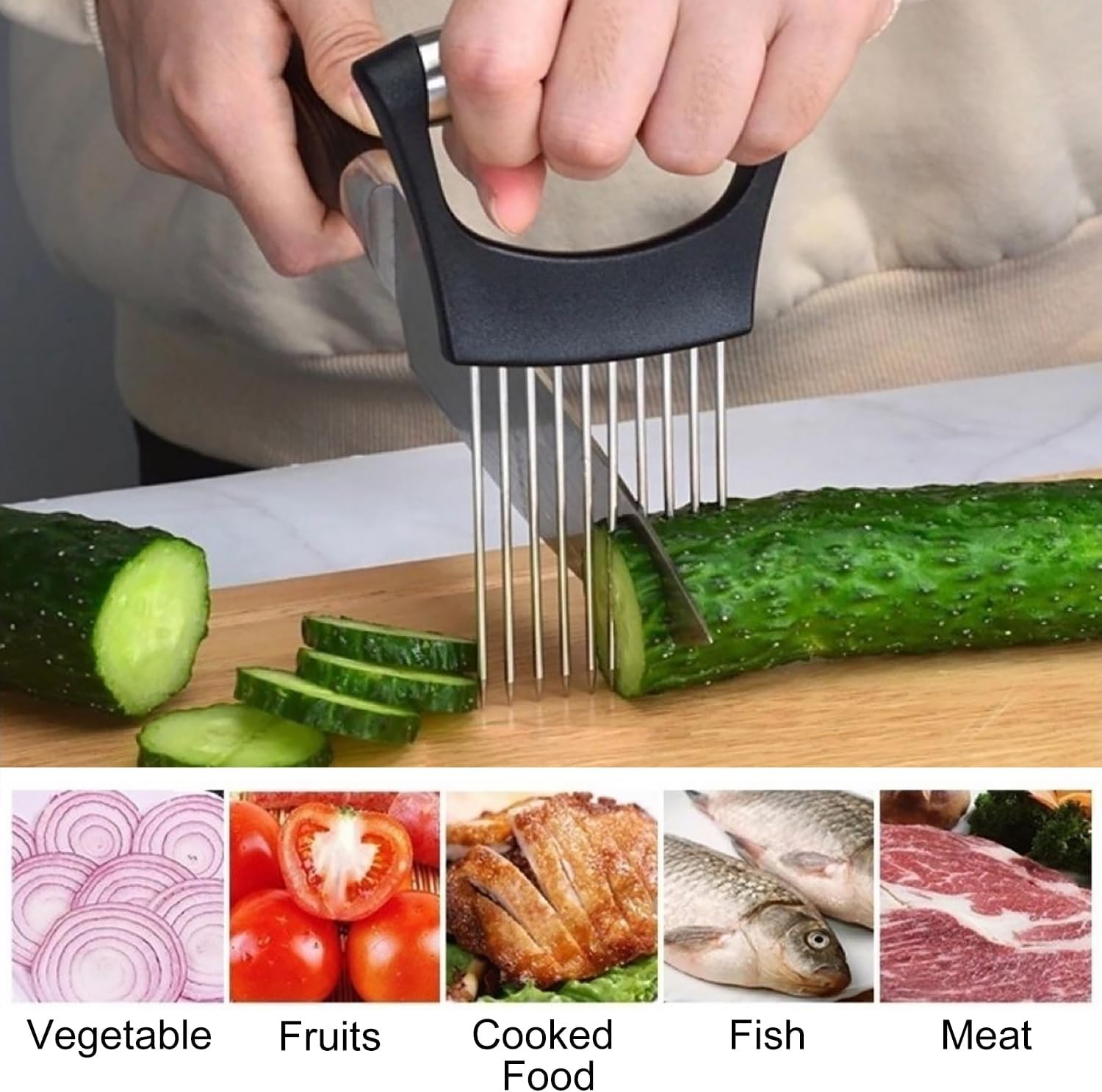 Stainless Steel Onion Holder & Slicer, Food-Grade Kitchen Hand Tool, 14.2 cm