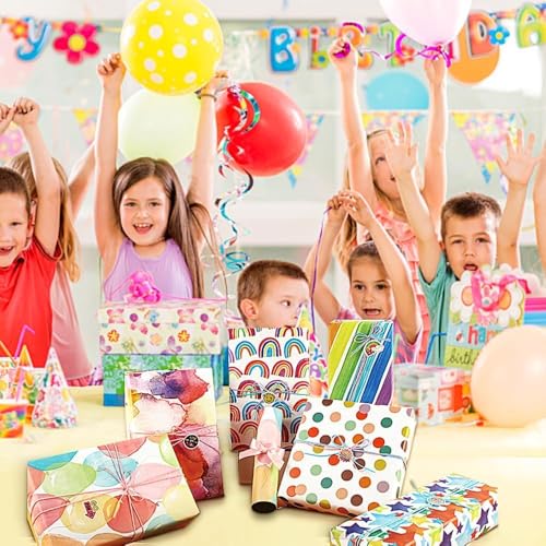 Rainbow Party Wrapping Paper Pack of 6 – Gift Wrap Set with Ropes, Sticker & Double-Sided Tape