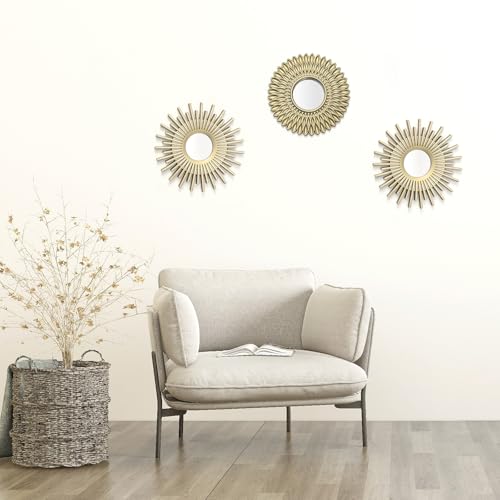 Set of 3 Decorative Wall-Mounted Mirrors – Sunflower & Sunburst Design (Vintage Gold/Champagne Finish)