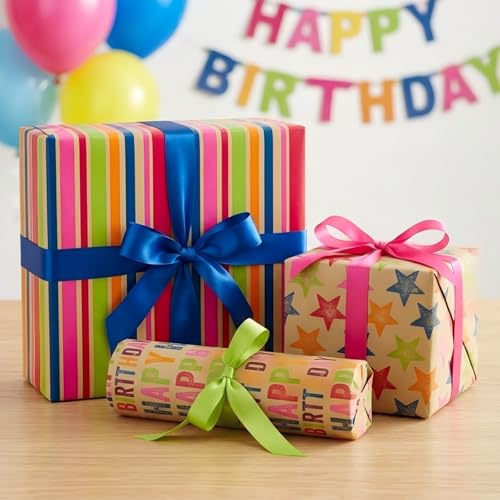 Birthday Wrapping Paper Set of 6 – Recycled Kraft Gift Wrap with Tags & String