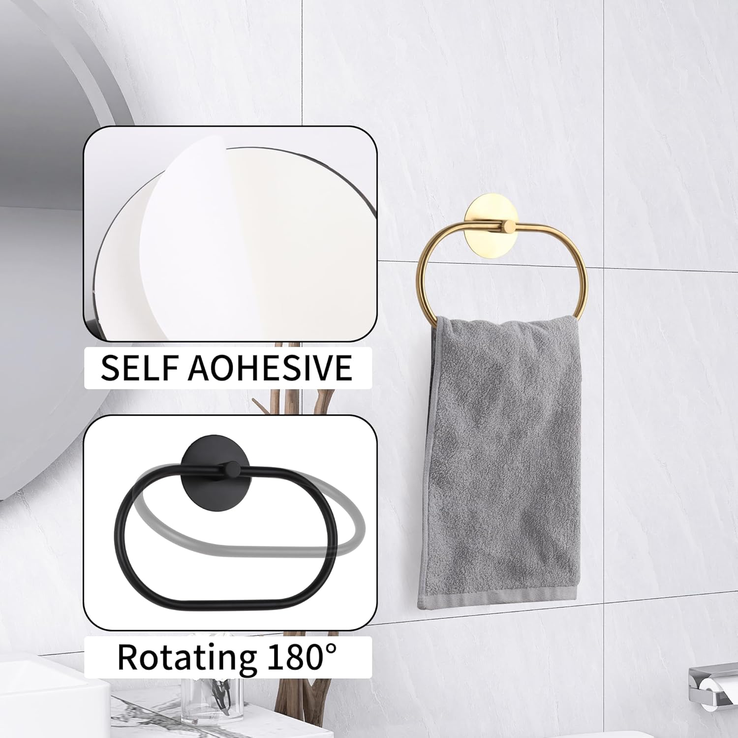 Stainless Steel Towel Holder – Self Stick Wall Mounted Towel Ring for Bath & Kitchen Use