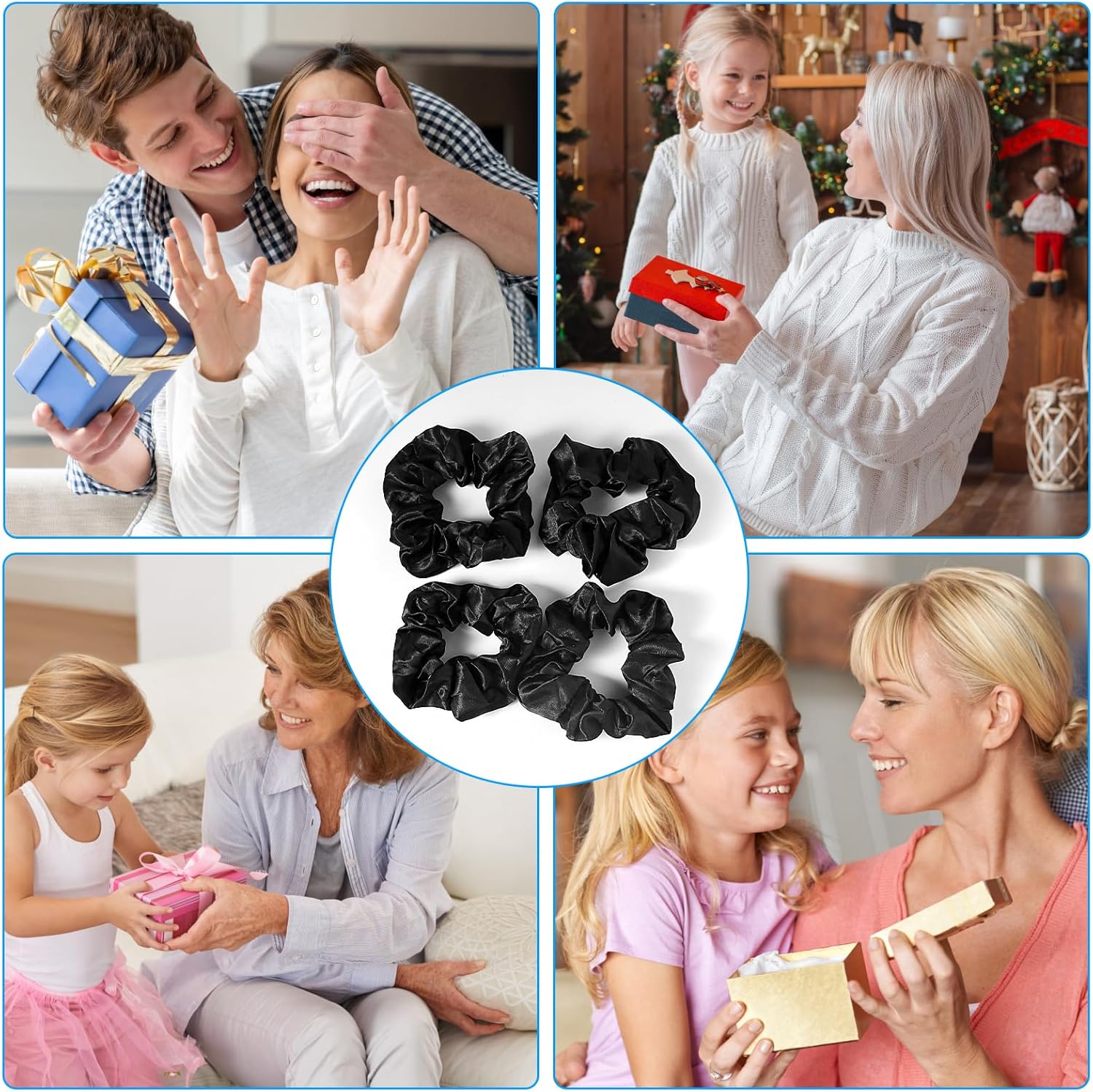 Black Satin Silk Stretch Scrunchies, Soft Elastic Hair Bands, 4-Piece Set