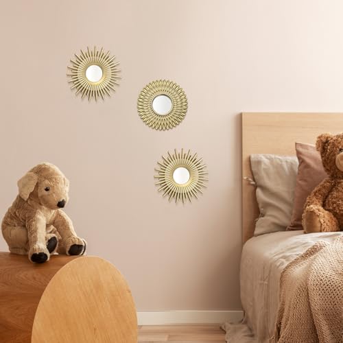 Set of 3 Decorative Wall-Mounted Mirrors – Sunflower & Sunburst Design (Vintage Gold/Champagne Finish)