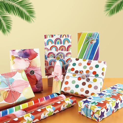 Rainbow Party Wrapping Paper Pack of 6 – Gift Wrap Set with Ropes, Sticker & Double-Sided Tape