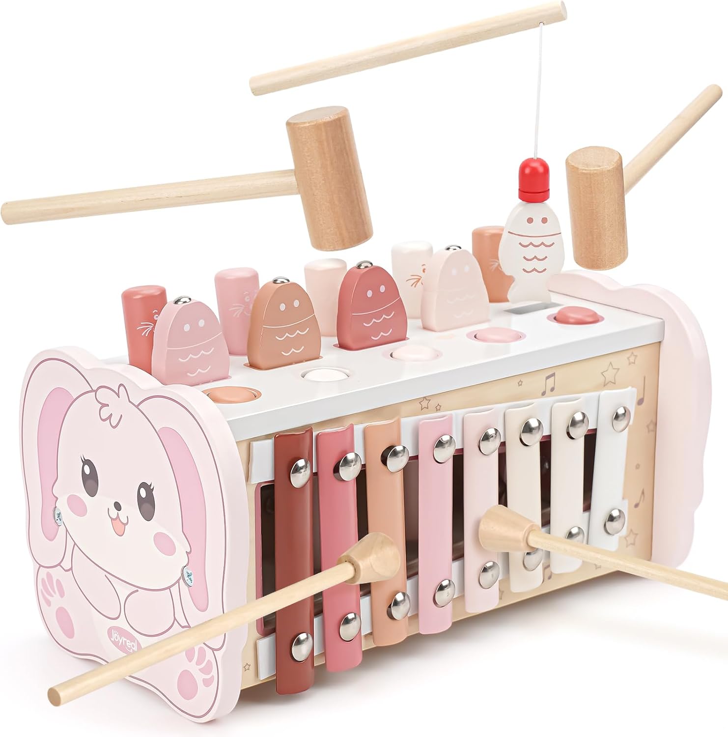 4-in-1 Wooden Montessori Hammering Toy with Xylophone & Magnetic Fishing Game