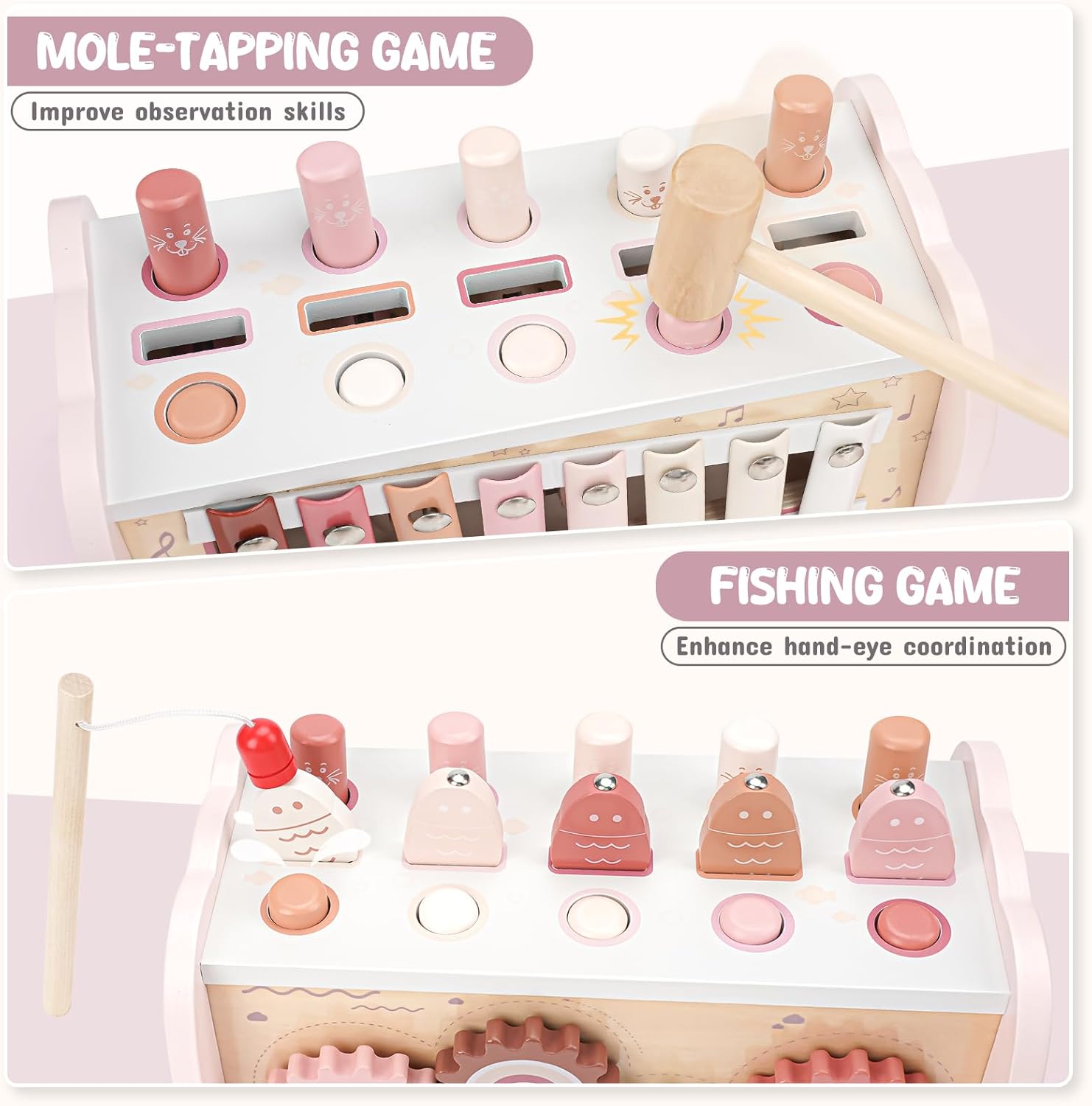 4-in-1 Wooden Montessori Hammering Toy with Xylophone & Magnetic Fishing Game