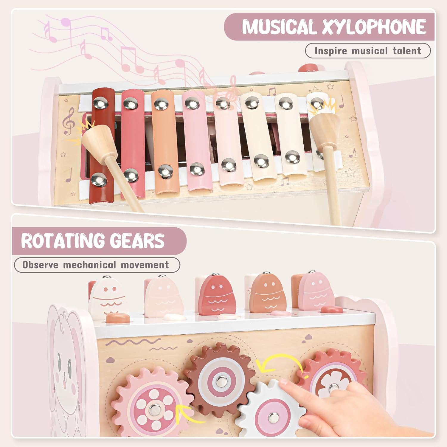 4-in-1 Wooden Montessori Hammering Toy with Xylophone & Magnetic Fishing Game