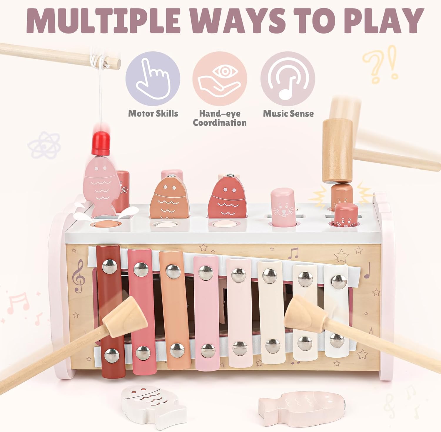 4-in-1 Wooden Montessori Hammering Toy with Xylophone & Magnetic Fishing Game