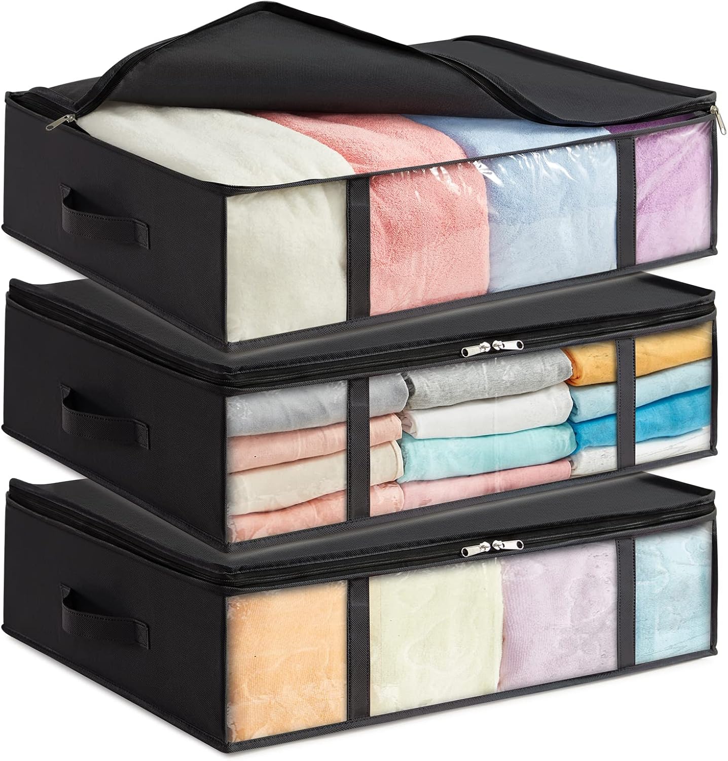 Under Bed Storage Containers, Foldable Clothing Storage Bags with Clear Window, 40L, Grey, 3-Pack